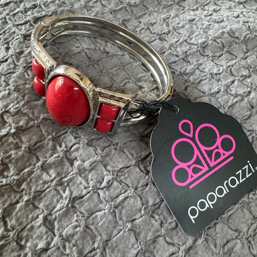 Bundle 3 for $10 Silver toned hinged bracelet with dark red accents